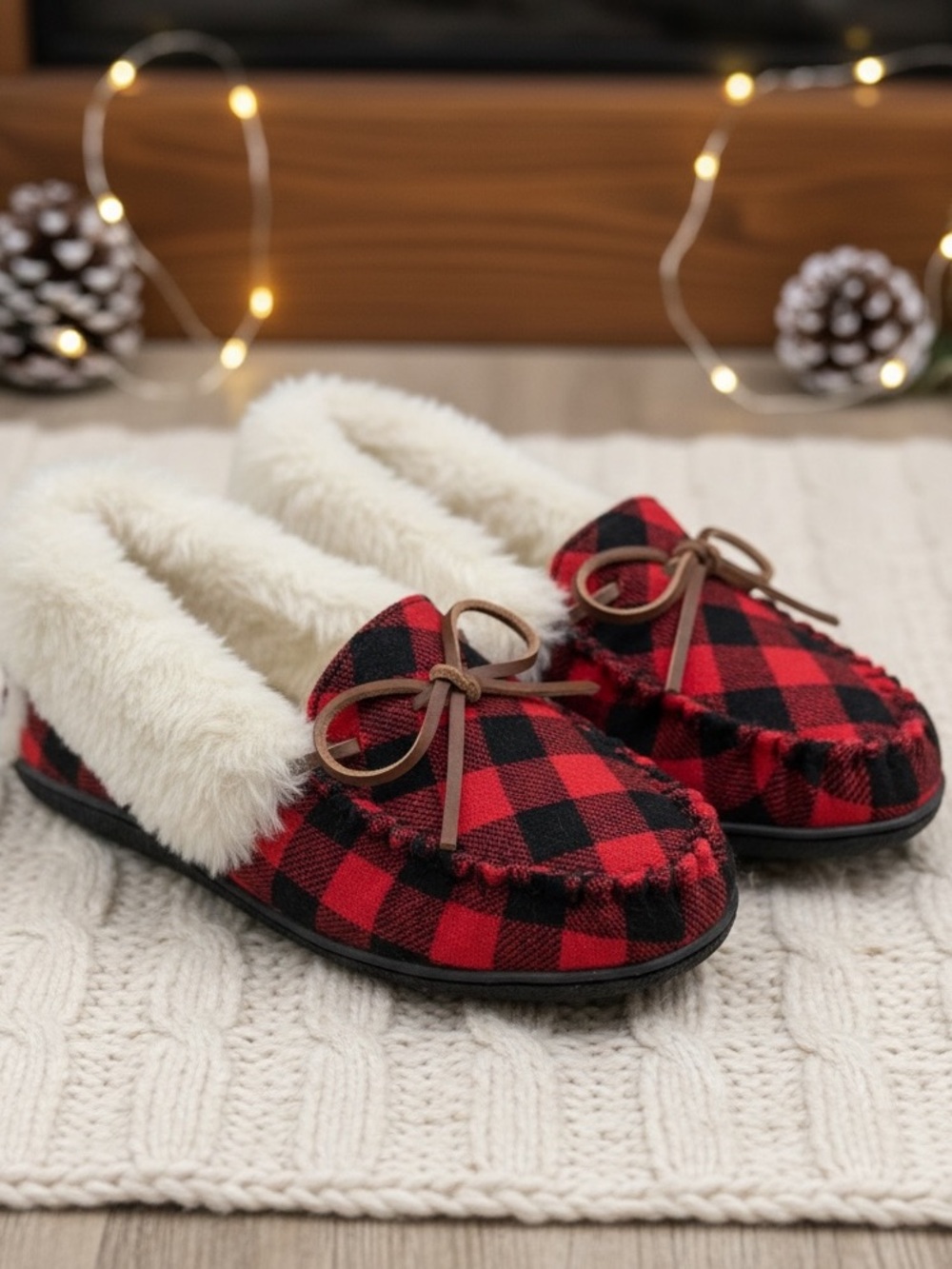NWOT! Clarks Women's Buffalo Plaid Faux Fur Lined Moccasin Slippers, 6